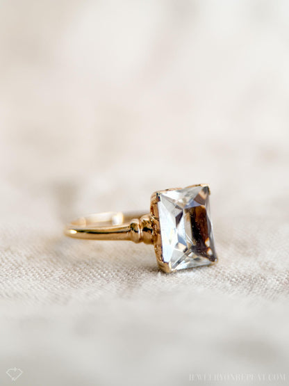 Vintage 1940s White Quartz Engagement Ring, 10k Gold Radiant Cut Gemstone Bridal Jewelry • One-of-a-kind