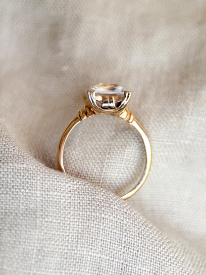 Vintage 1940s White Quartz Engagement Ring, 10k Gold Radiant Cut Gemstone Bridal Jewelry • One-of-a-kind