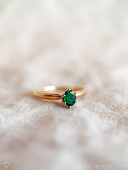Vintage Emerald Engagement Ring, Oval Cut, 14k Gold, Solitaire Bridal Ring