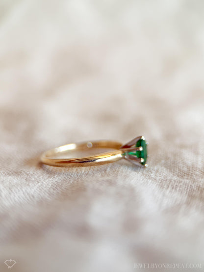Vintage Emerald Engagement Ring, Oval Cut, 14k Gold, Solitaire Bridal Ring