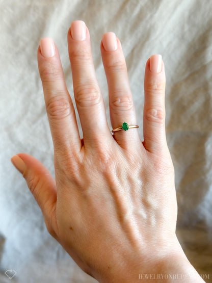 Vintage Emerald Engagement Ring, Oval Cut, 14k Gold, Solitaire Bridal Ring