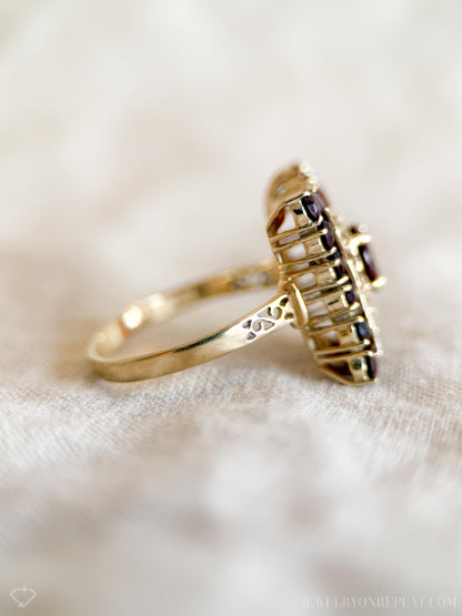 Vintage Garnet Halo Ring, 14k Gold, Gothic Filigree Statement Ring, Victorian Style Jewelry