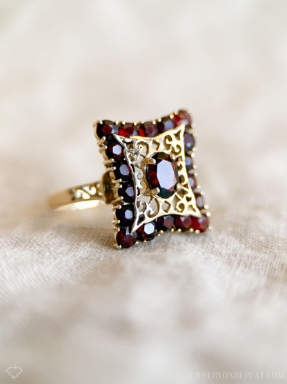 Vintage Garnet Halo Ring, 14k Gold, Gothic Filigree Statement Ring, Victorian Style Jewelry