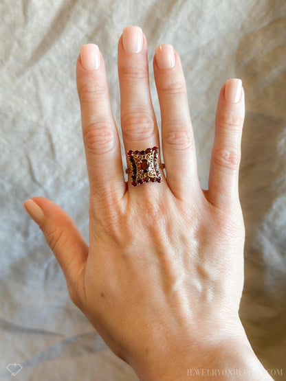 Vintage Garnet Halo Ring, 14k Gold, Gothic Filigree Statement Ring, Victorian Style Jewelry