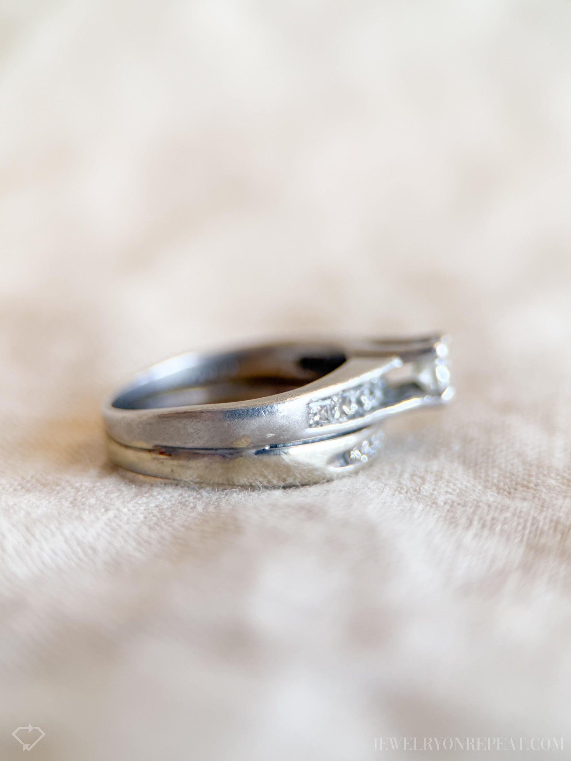 Vintage Diamond Princess Cut Channel Bridal Set in 14k White Gold and Platinum, Engagement Ring Set- Timeless, Sustainable, @JewelryOnRepeat