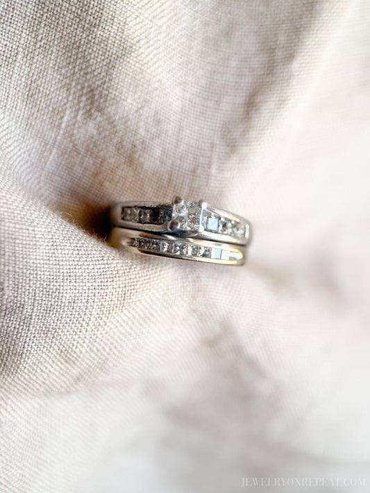 Vintage Diamond Princess Cut Channel Bridal Set in 14k White Gold and Platinum, Engagement Ring Set- Timeless, Sustainable, @JewelryOnRepeat