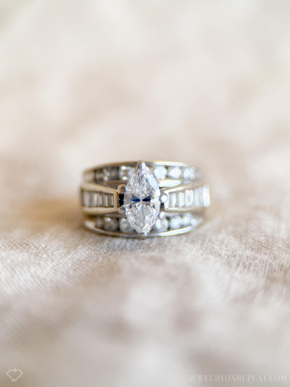 Vintage Diamond Engagement Ring, Marquise Cut, 14k White Gold, Channel Set Cathedral Bridal Ring