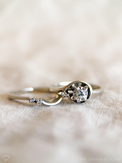 Vintage Diamond Engagement Ring, Round Cut, 14k White Gold, 1950s Mid-Century Swirl Bridal Ring