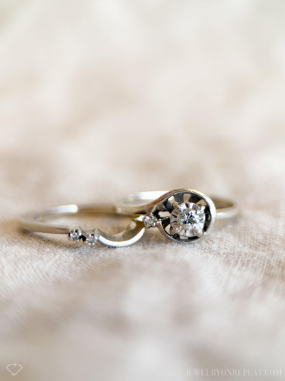 Vintage Diamond Engagement Ring, Round Cut, 14k White Gold, 1950s Mid-Century Swirl Bridal Ring