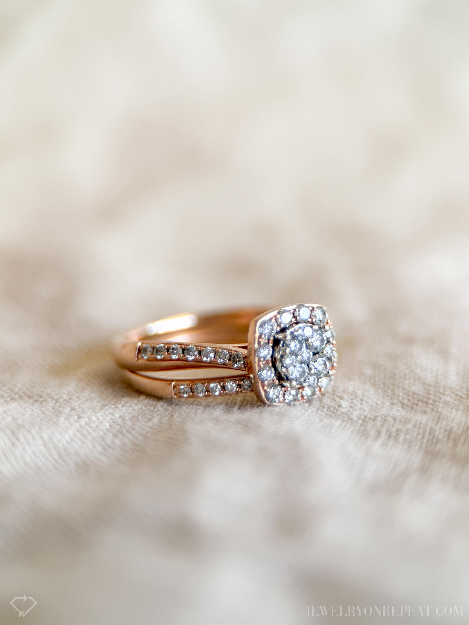 Vintage Diamond Halo Engagement Ring and Wedding Band Bridal Set in 14k Rose Gold, Retro Jewelry - Timeless, Sustainable, @JewelryOnRepeat