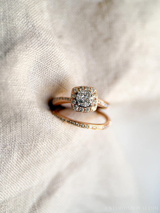 Vintage Diamond Halo Engagement Ring and Wedding Band Bridal Set in 14k Rose Gold, Retro Jewelry - Timeless, Sustainable, @JewelryOnRepeat
