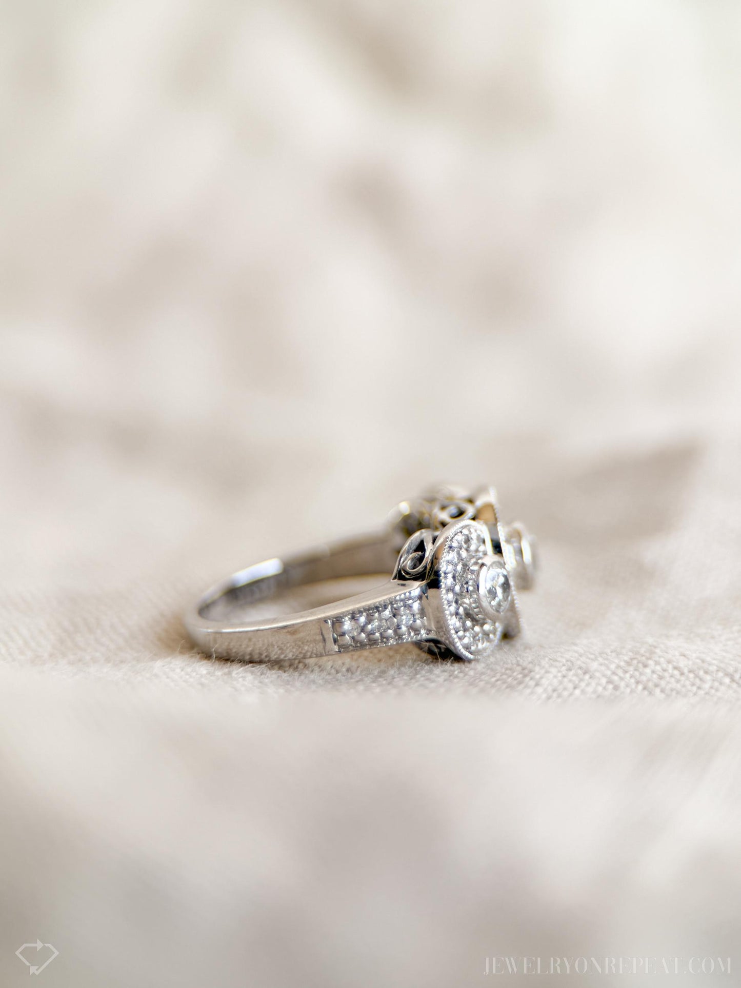 Vintage Diamond Halo Bezel Three Stone Engagement Ring in 14k White Gold - Retro 1990s Jewelry - Timeless, Sustainable, @JewelryOnRepeat