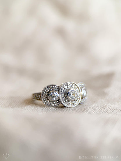 Vintage Diamond Engagement Ring, Round Cut, 14k White Gold, 1990s Bezel Halo Bridal Ring