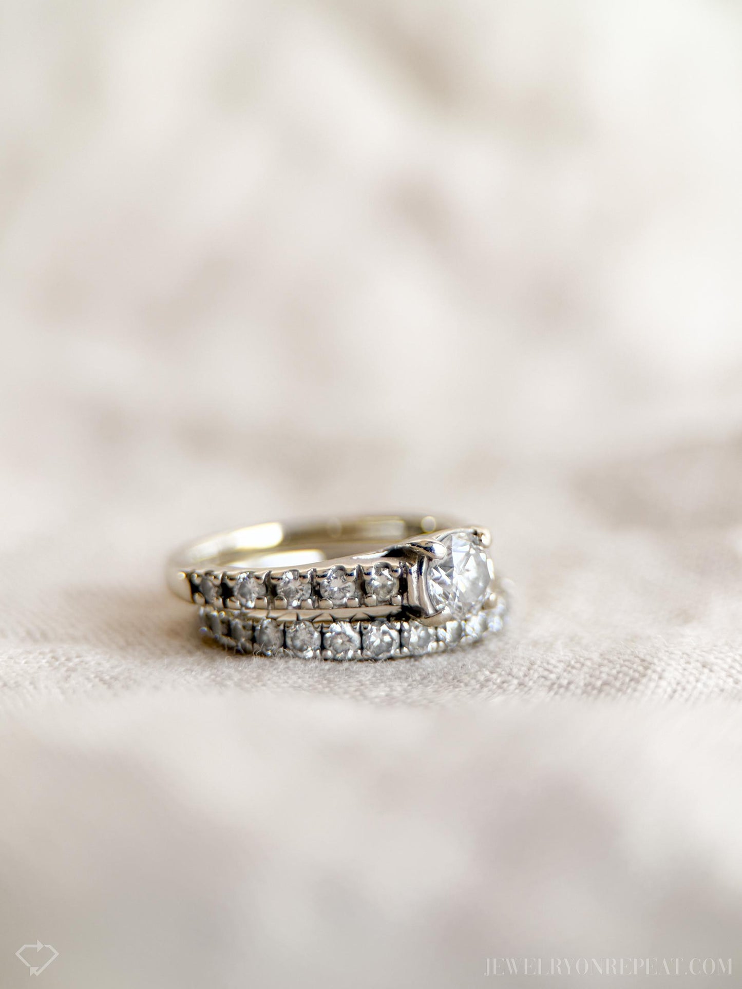 Vintage Diamond Engagement Ring and Matching Wedding Band, Round Cut, 14k White Gold, Classic Prong Bridal Set