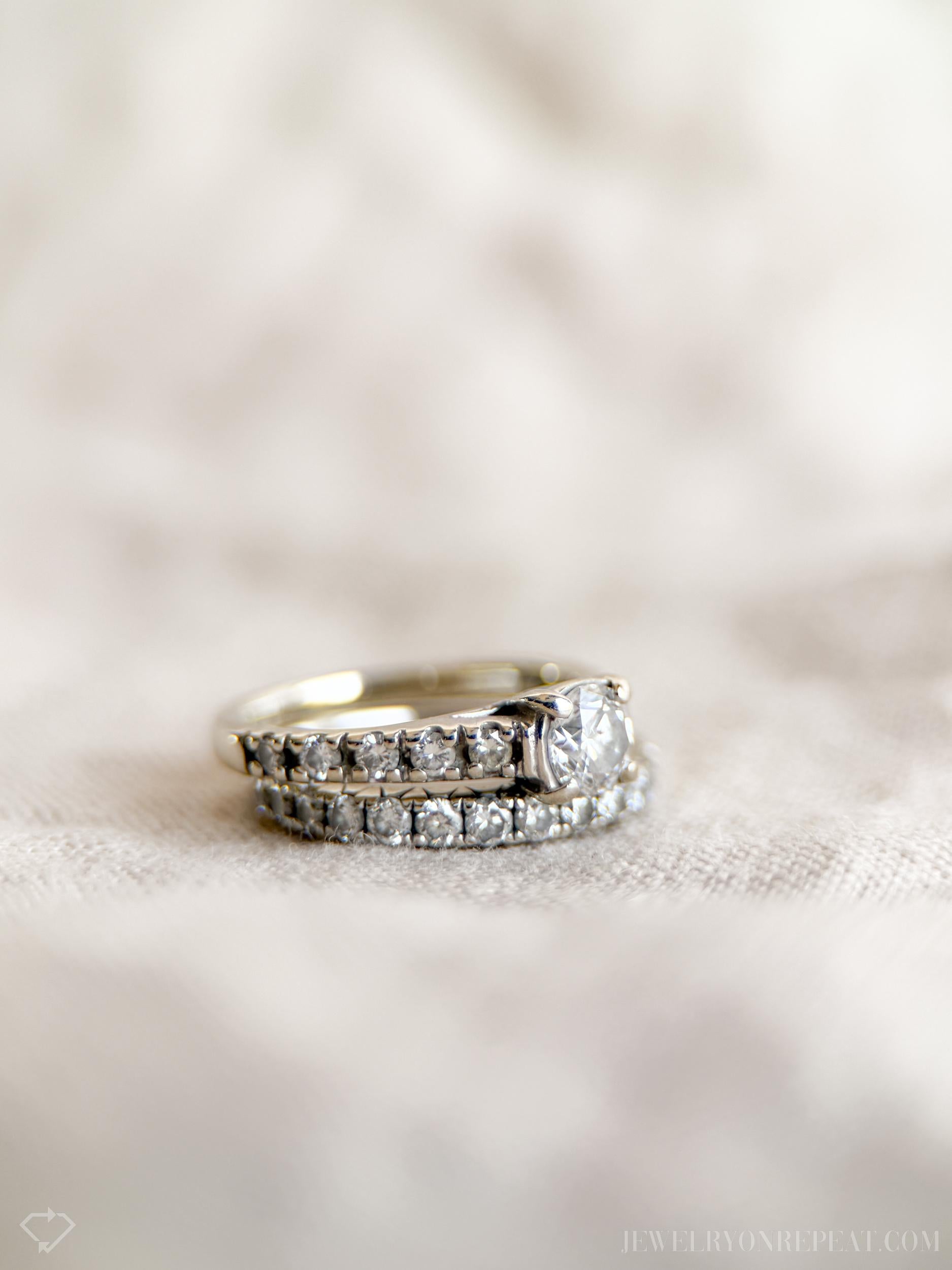 Vintage Diamond Engagement Ring and Matching Wedding Band, Round Cut, 14k White Gold, Classic Prong Bridal Set