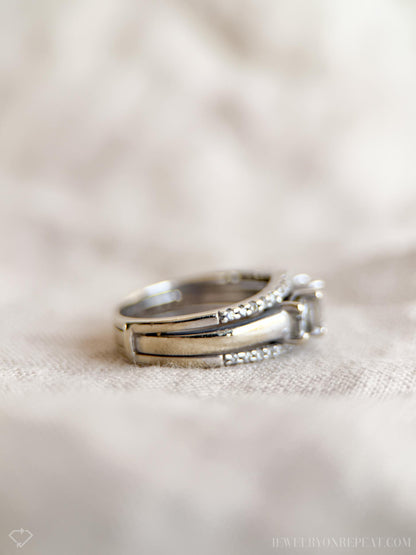 Vintage Diamond Engagement & Wedding Rings, Princess Cut, 14k White Gold, 1990s Three-Stone Bridal Set