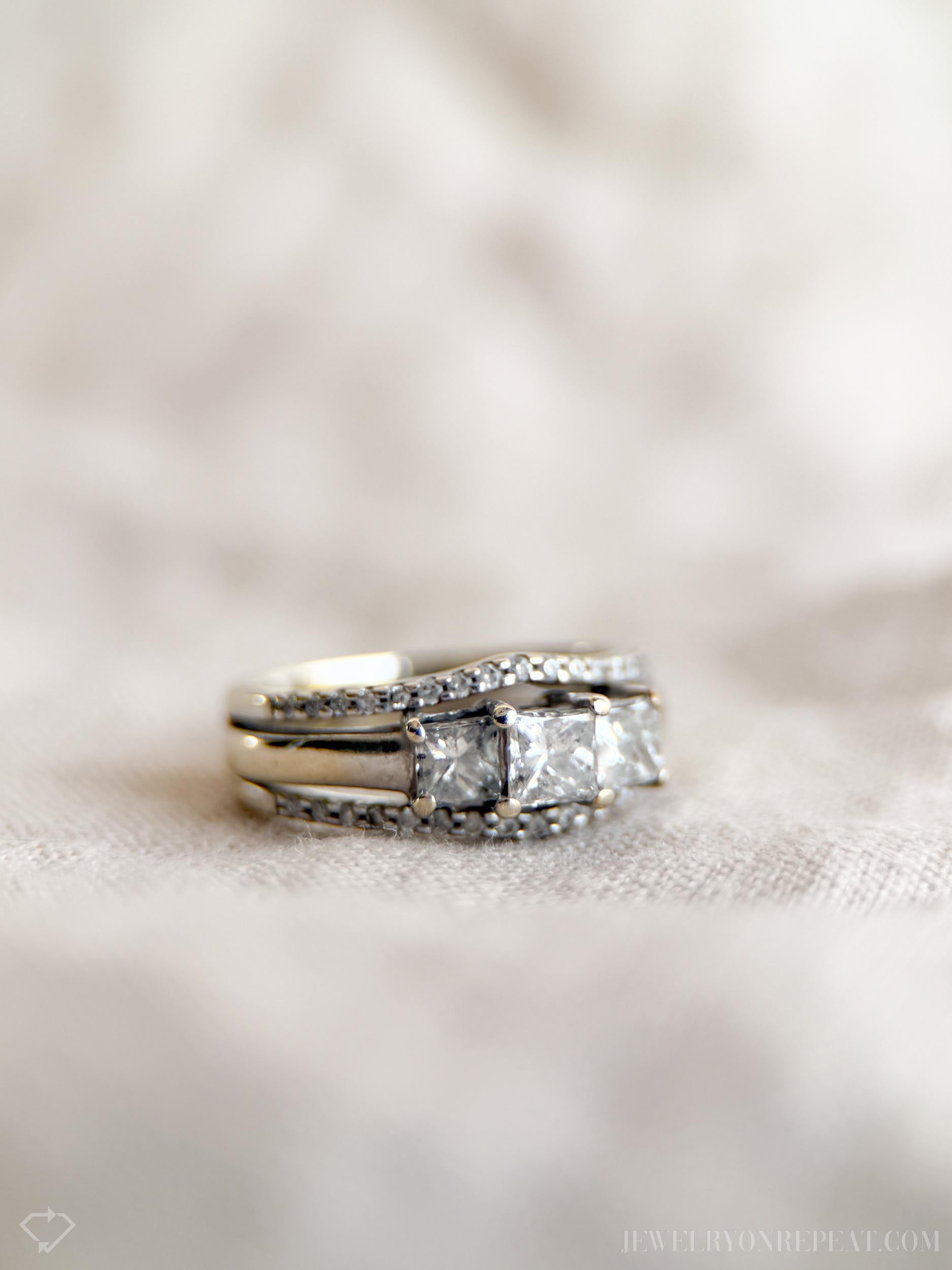 Vintage Three Stone Princess Cut Diamond Wedding Set in 14k White Gold, Retro 1990s Jewelry - Timeless, Sustainable, @JewelryOnRepeat