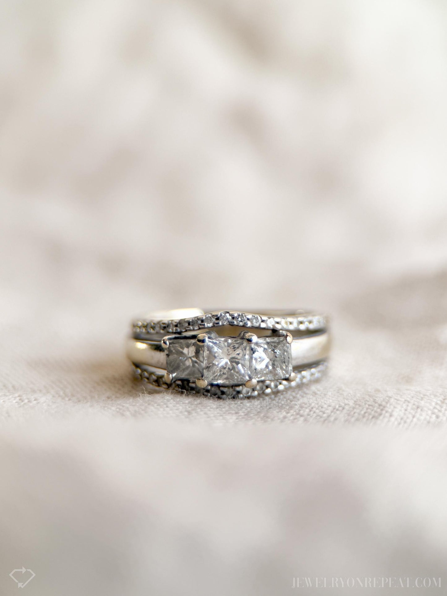 Vintage Diamond Engagement & Wedding Rings, Princess Cut, 14k White Gold, 1990s Three-Stone Bridal Set