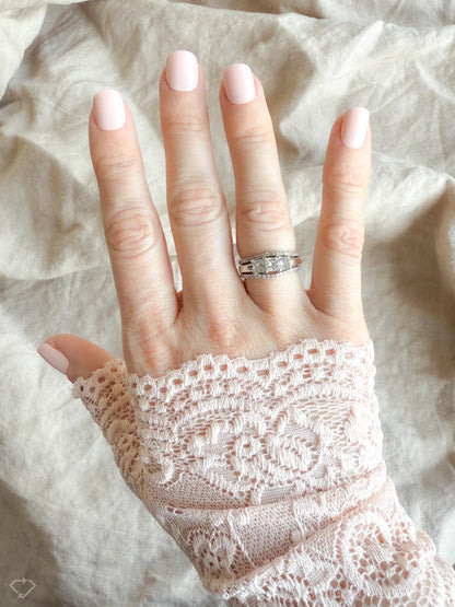 Vintage Diamond Engagement & Wedding Rings, Princess Cut, 14k White Gold, 1990s Three-Stone Bridal Set