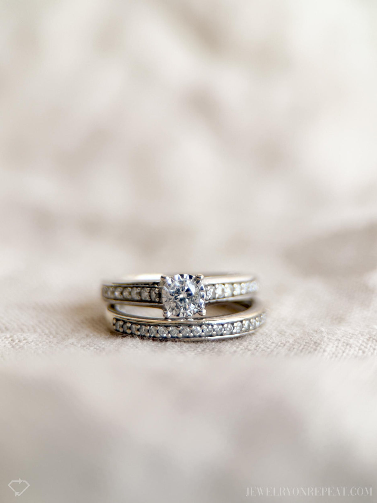 Vintage Diamond Engagement and Wedding Rings, Round Cut, 14k White Gold, Classic Bridal Set