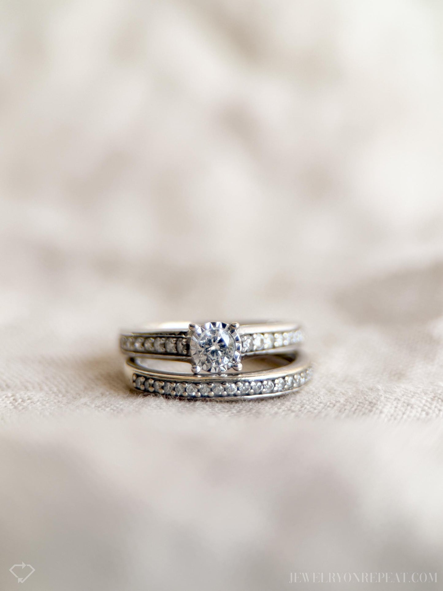 Vintage Diamond Engagement and Wedding Rings, Round Cut, 14k White Gold, Classic Bridal Set