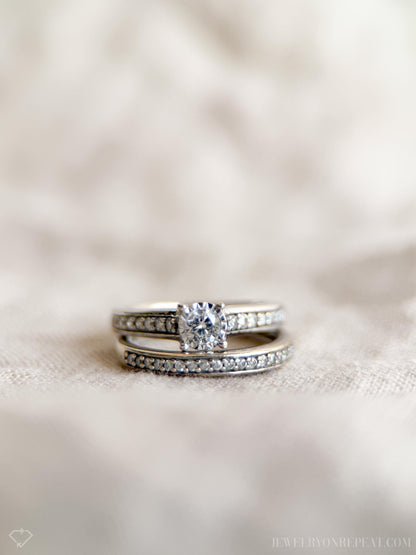 Vintage Diamond Engagement and Wedding Rings, Round Cut, 14k White Gold, Classic Bridal Set