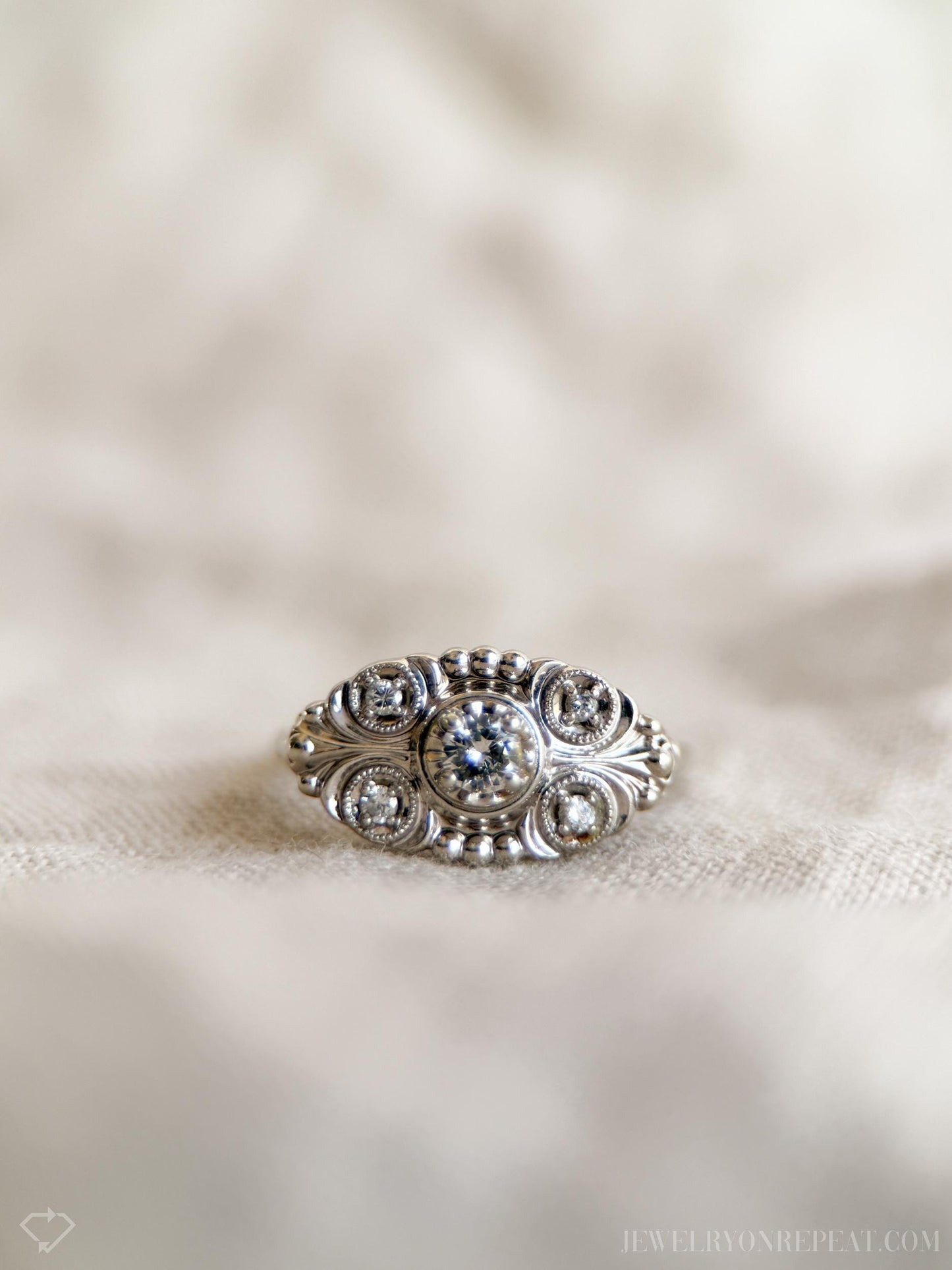 Vintage Diamond Engagement Ring, Round Cut, 14k White Gold, 1950s Art Nouveau Bridal Ring