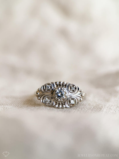 Vintage Diamond Engagement Ring, Round Cut, 14k White Gold, 1950s Art Nouveau Bridal Ring