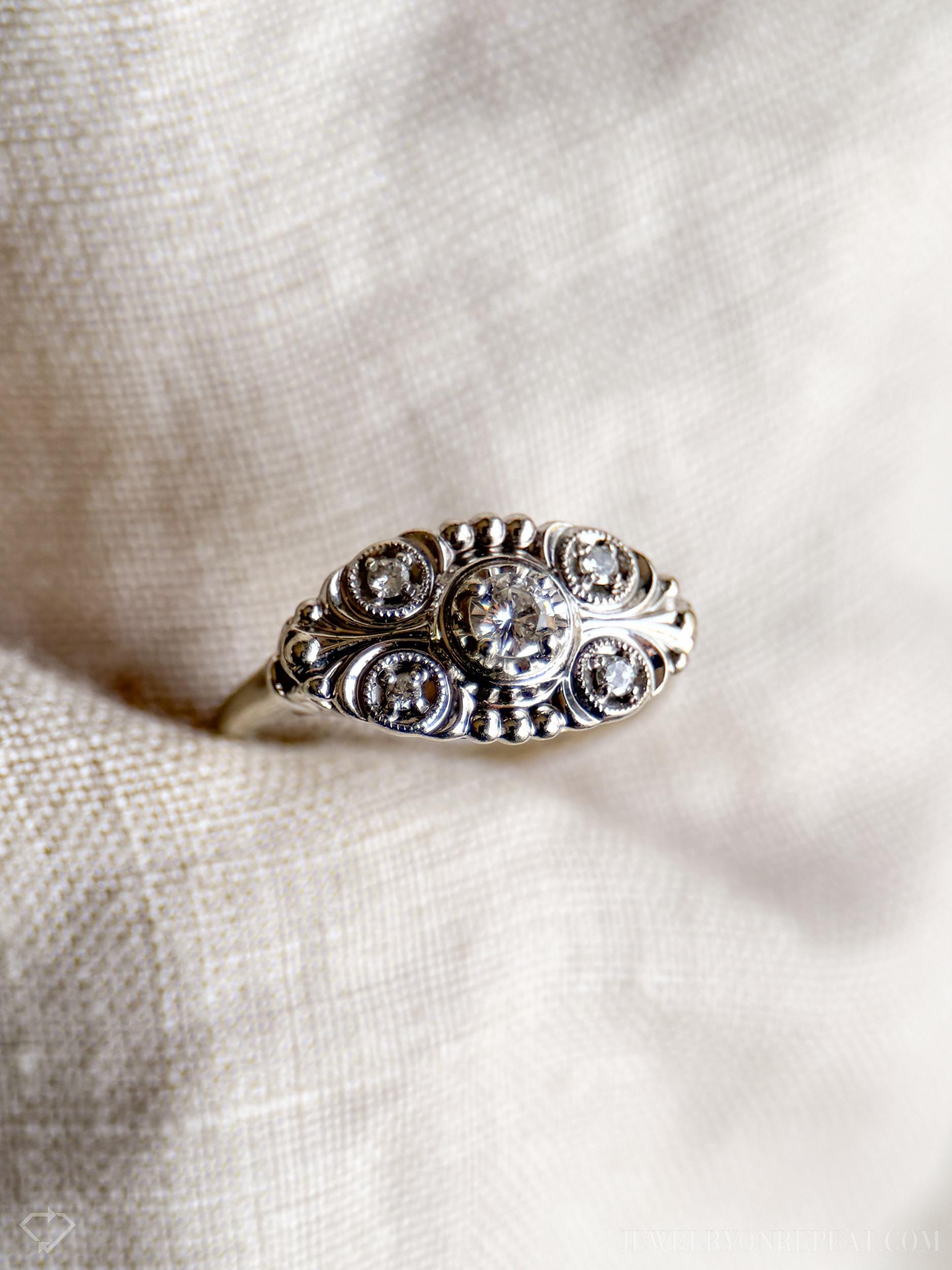 Vintage Diamond Engagement Ring, Round Cut, 14k White Gold, 1950s Art Nouveau Bridal Ring