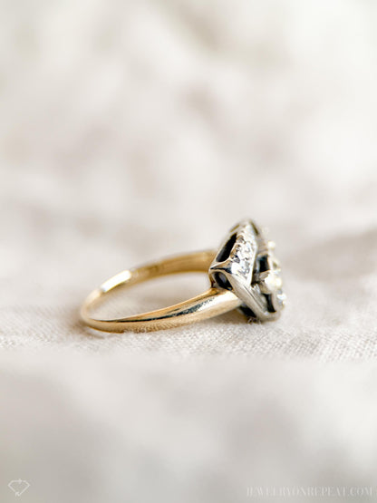 Vintage Diamond Engagement Ring, Round Cut, 14k White & Yellow Gold, 1950s Art Nouveau Two-Stone