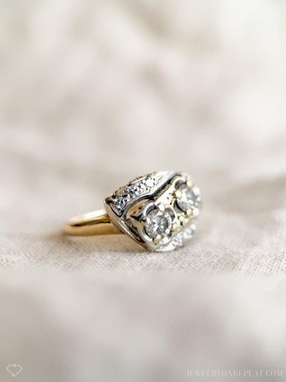 Vintage Diamond Engagement Ring, Round Cut, 14k White & Yellow Gold, 1950s Art Nouveau Two-Stone
