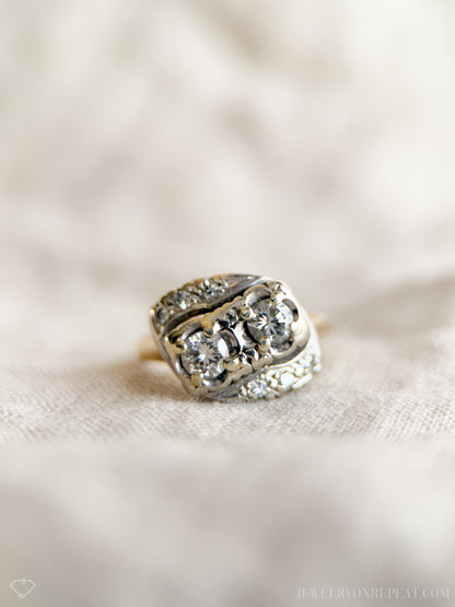 Vintage Diamond Engagement Ring, Round Cut, 14k White & Yellow Gold, 1950s Art Nouveau Two-Stone