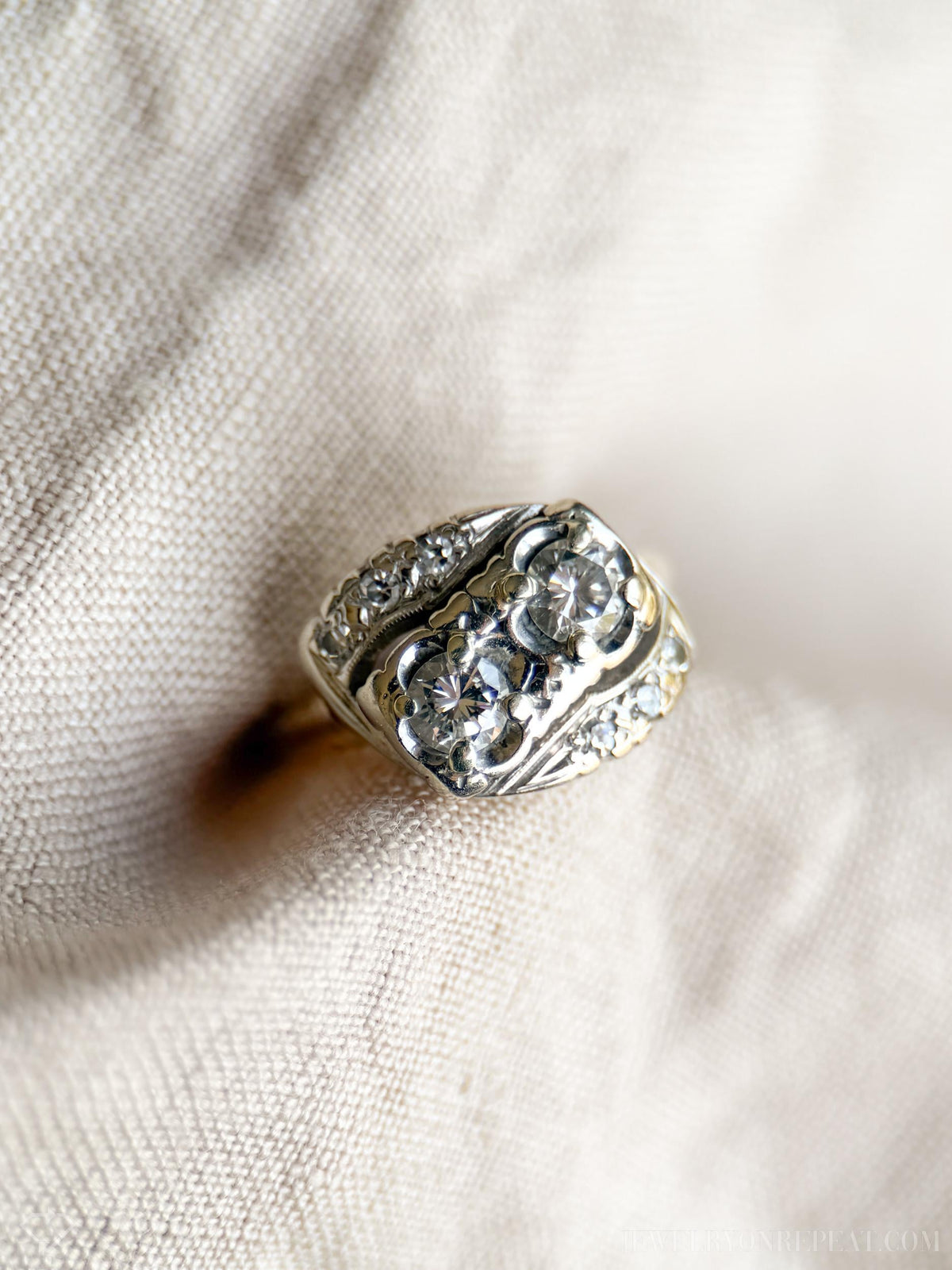 Vintage Diamond Engagement Ring, Round Cut, 14k White & Yellow Gold, 1950s Art Nouveau Two-Stone