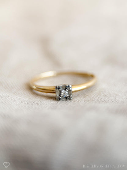 Vintage Diamond Engagement Ring, Round Cut, 14k Gold, 1950s Art Deco Bridal Ring
