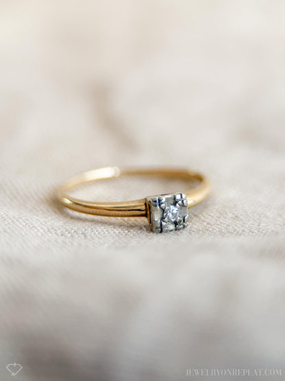 Vintage Diamond Engagement Ring, Round Cut, 14k Gold, 1950s Art Deco Bridal Ring