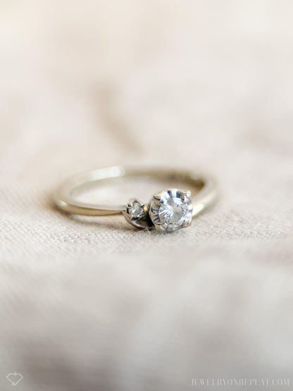 Vintage Diamond Engagement Ring, Round Cut, 14k White Gold, 1960s Asymmetrical Mid-Century Design