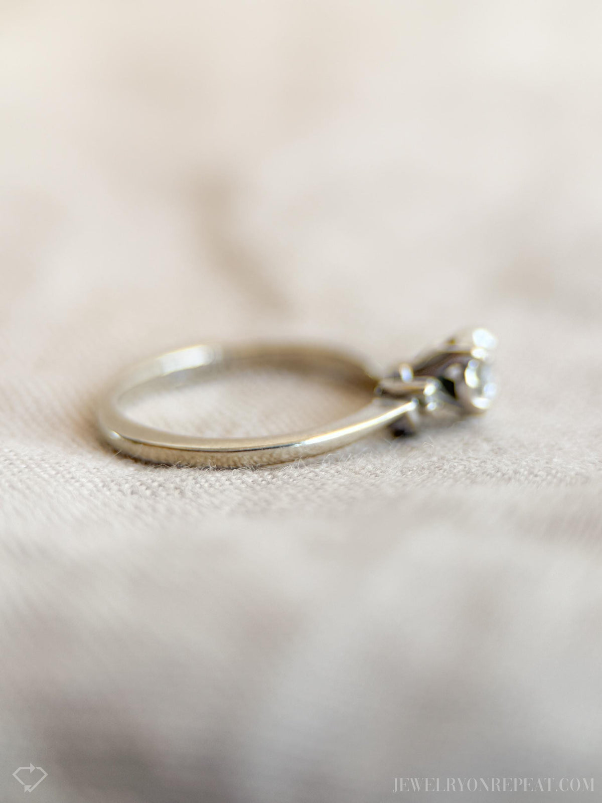 Vintage Diamond Engagement Ring, Round Cut, 14k White Gold, 1960s Asymmetrical Mid-Century Design