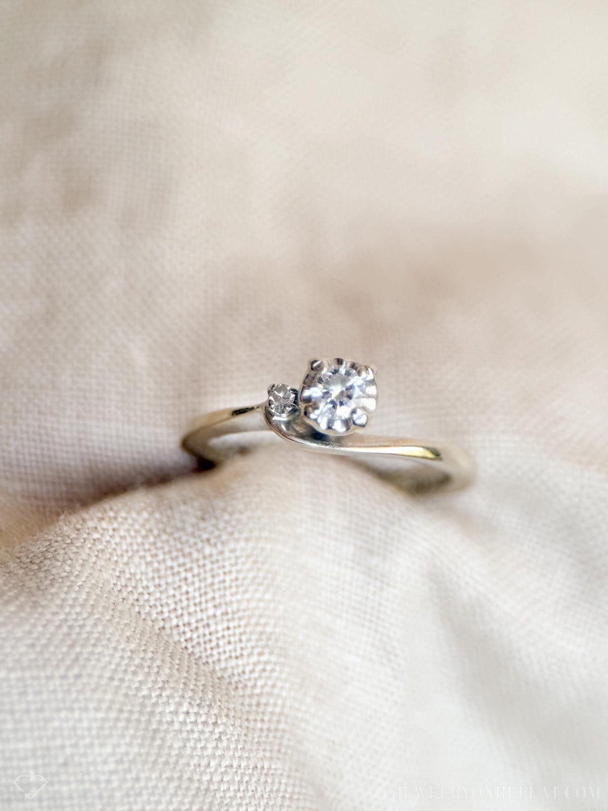 Vintage Diamond Engagement Ring, Round Cut, 14k White Gold, 1960s Asymmetrical Mid-Century Design