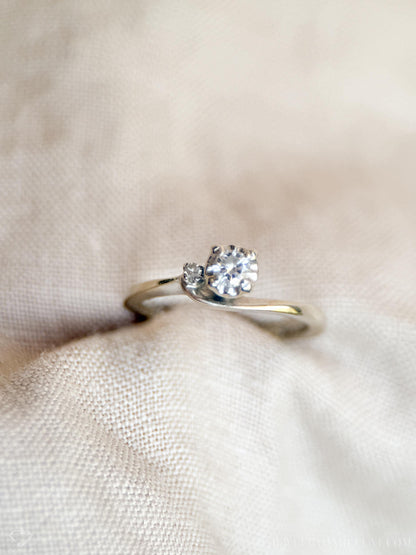 Vintage Diamond Engagement Ring, Round Cut, 14k White Gold, 1960s Asymmetrical Mid-Century Design
