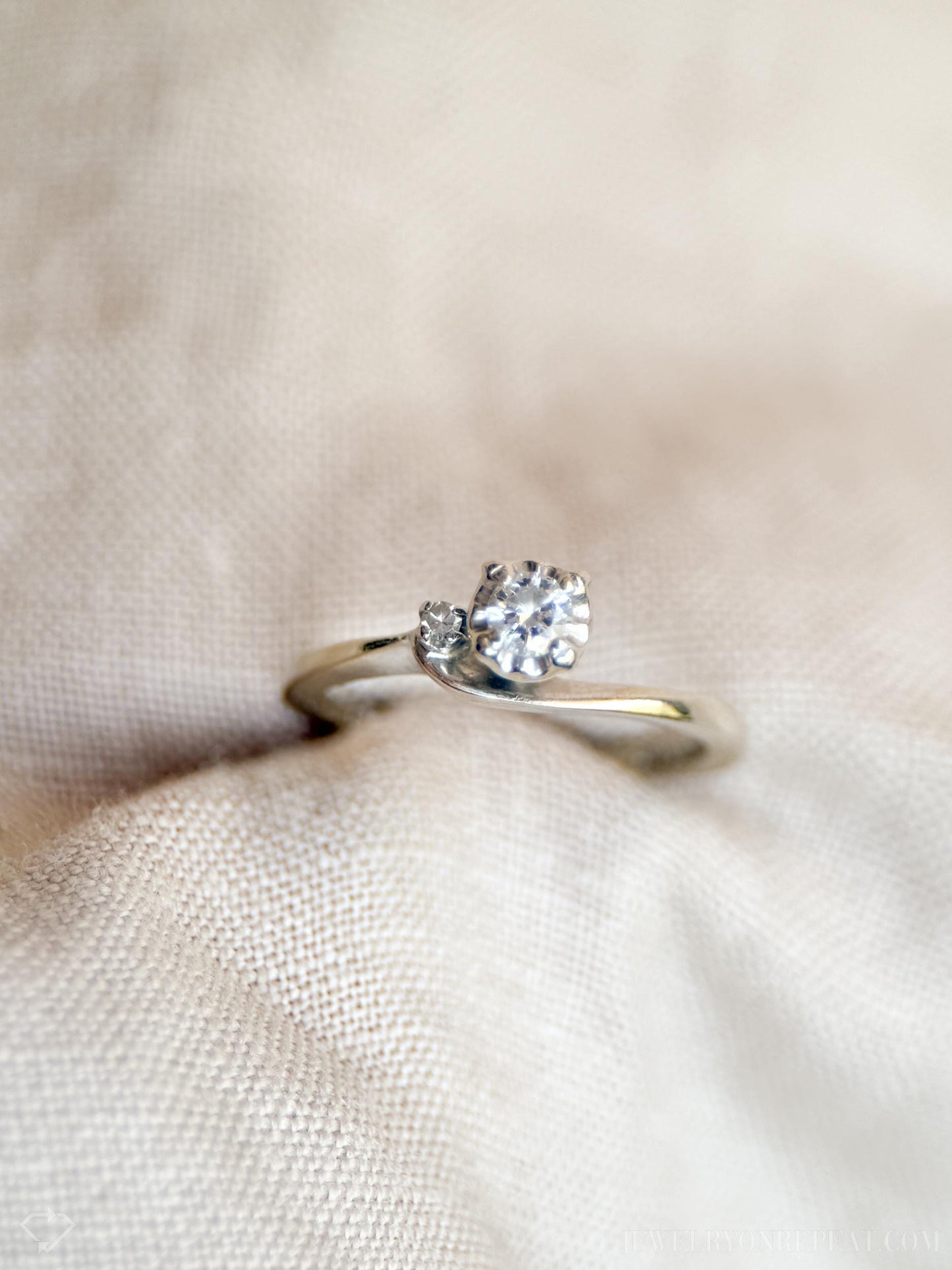 Vintage Diamond Engagement Ring, Round Cut, 14k White Gold, 1960s Asymmetrical Mid-Century Design