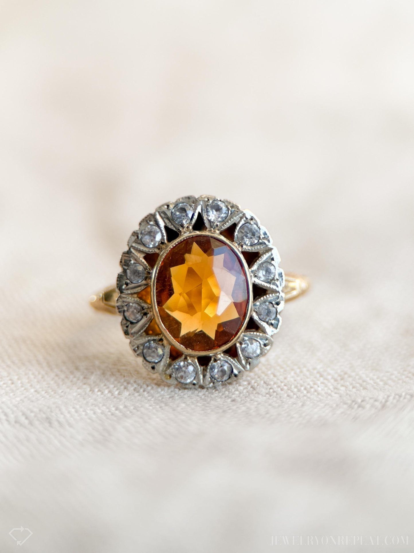 Vintage Citrine Gemstone Halo Cocktail Ring in 10k Gold, Retro Jewelry from the 1940s - Timeless, Sustainable, @JewelryOnRepeat