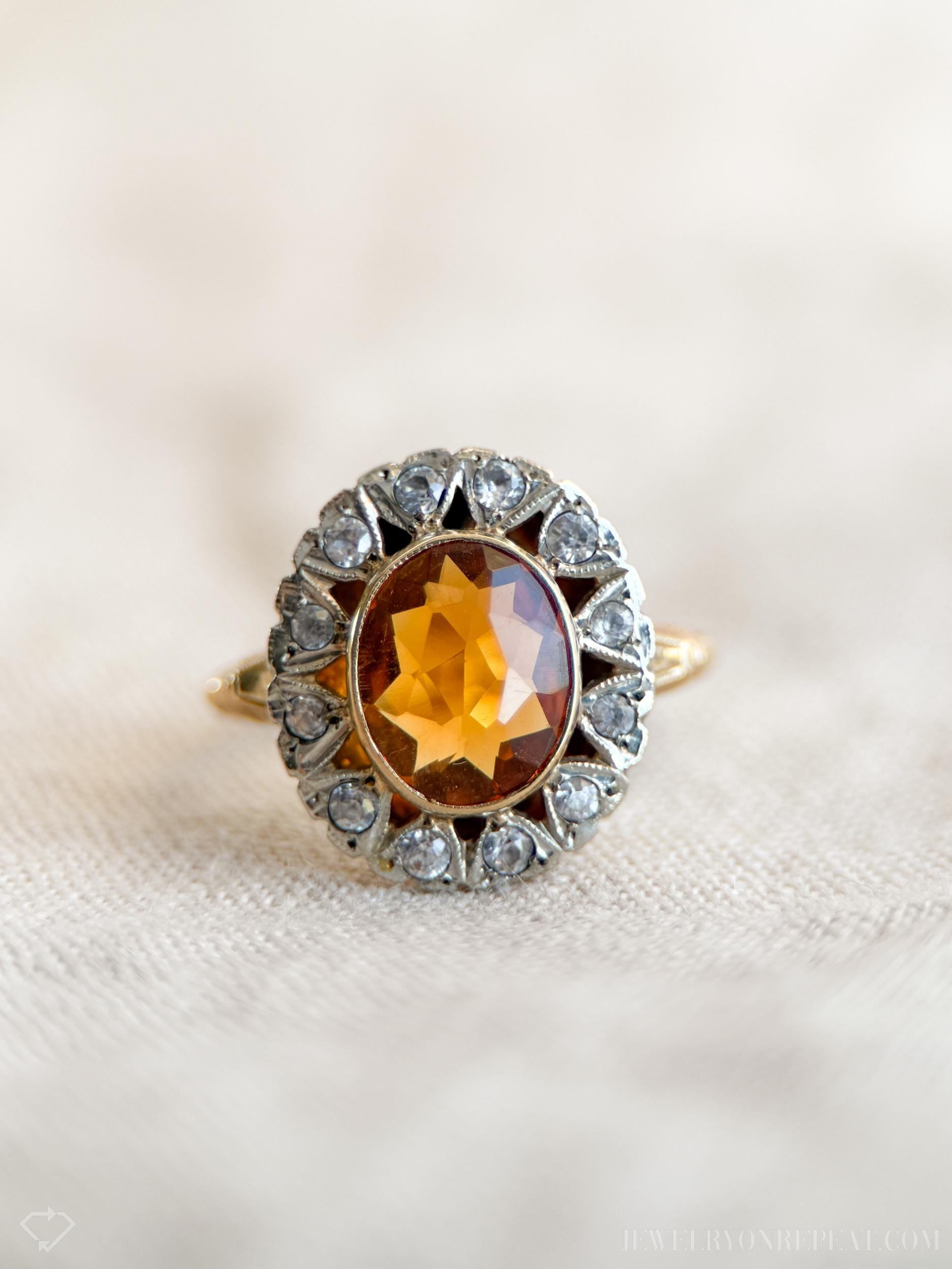 Vintage Citrine Gemstone Halo Cocktail Ring in 10k Gold, Retro Jewelry from the 1940s - Timeless, Sustainable, @JewelryOnRepeat