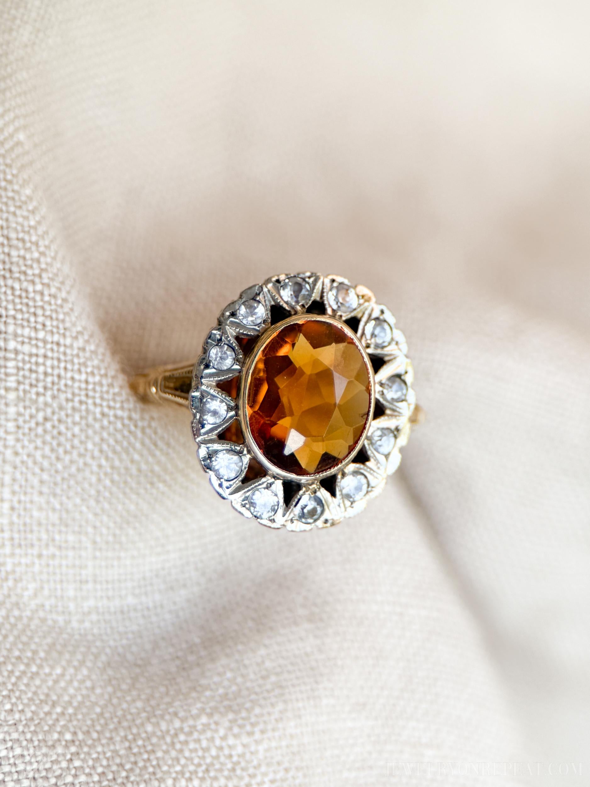 Vintage Citrine Gemstone Halo Cocktail Ring in 10k Gold, Retro Jewelry from the 1940s - Timeless, Sustainable, @JewelryOnRepeat