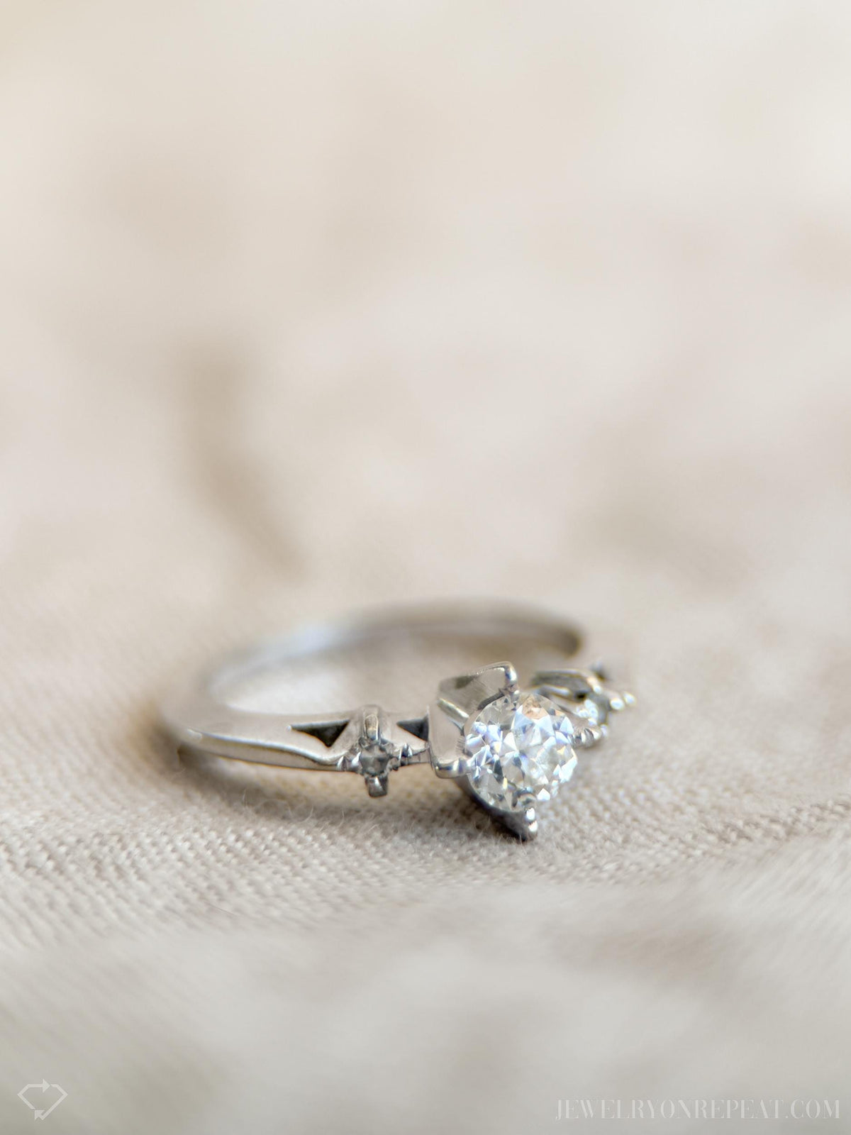 Vintage Diamond Engagement Ring, Old European Cut, 14k White Gold, 1930s Art Deco Three-Stone