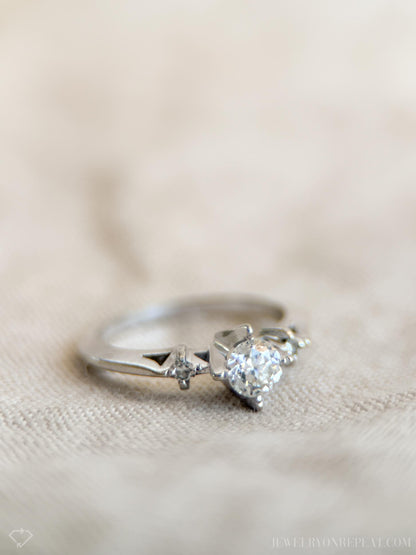Vintage Diamond Engagement Ring, Old European Cut, 14k White Gold, 1930s Art Deco Three-Stone