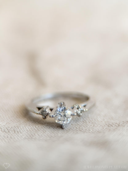 Vintage Diamond Engagement Ring, Old European Cut, 14k White Gold, 1930s Art Deco Three-Stone