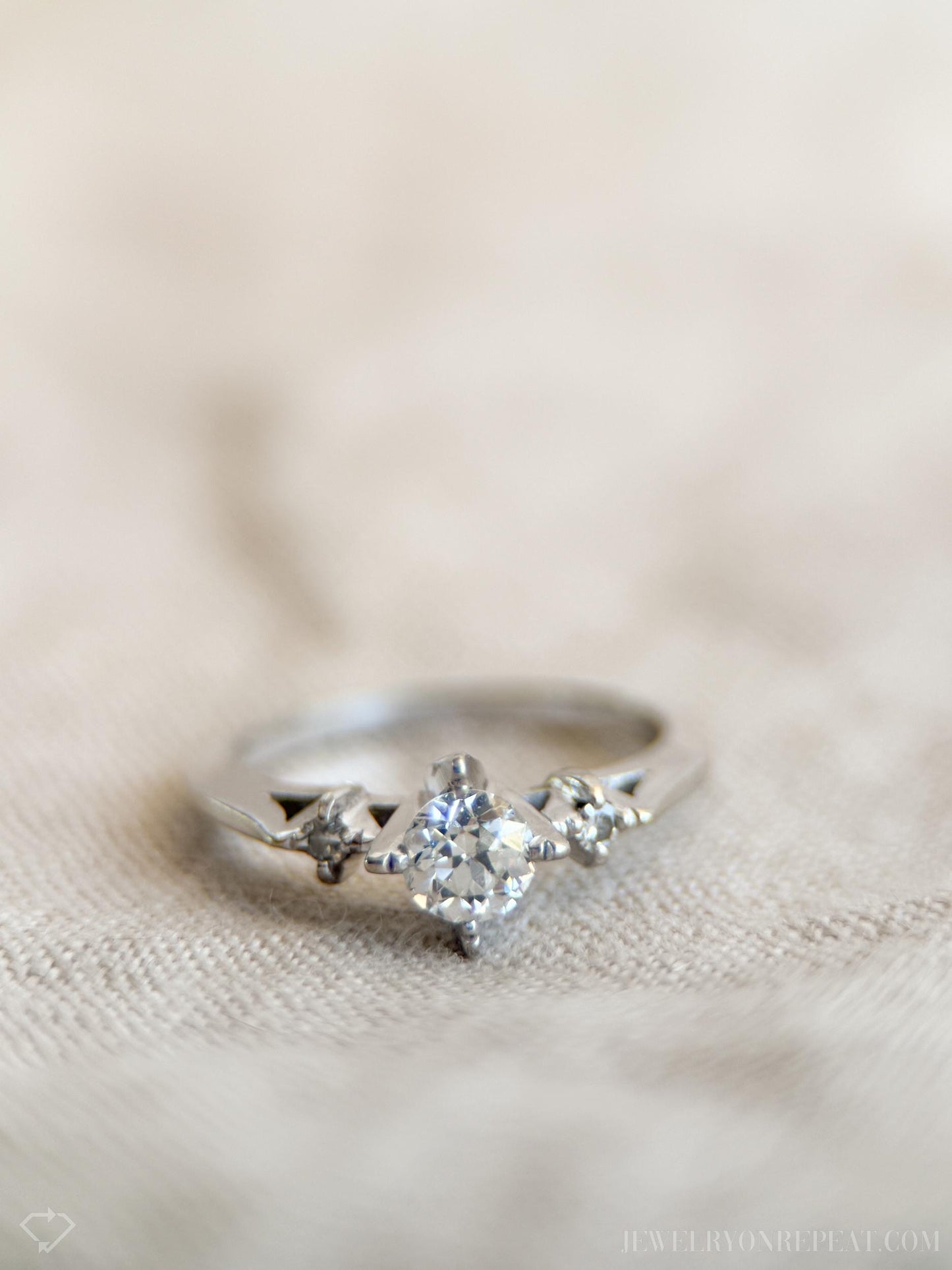 Vintage Diamond Engagement Ring, Old European Cut, 14k White Gold, 1930s Art Deco Three-Stone