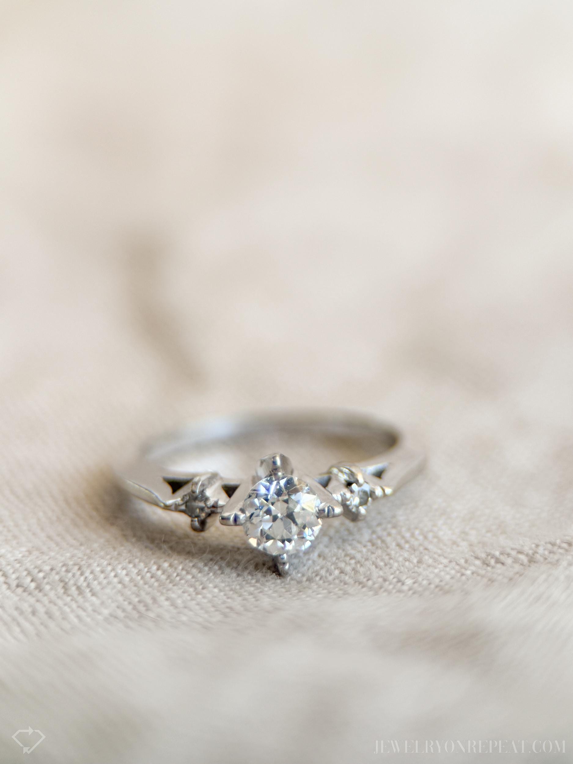 Vintage Diamond Engagement Ring, Old European Cut, 14k White Gold, 1930s Art Deco Three-Stone