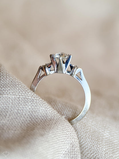 Vintage Diamond Engagement Ring, Old European Cut, 14k White Gold, 1930s Art Deco Three-Stone