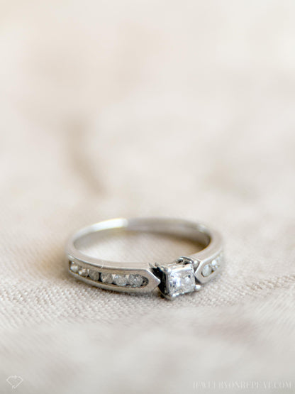 Vintage Diamond Engagement Ring, Princess Cut, 10k White Gold, 1990s Channel Set Design